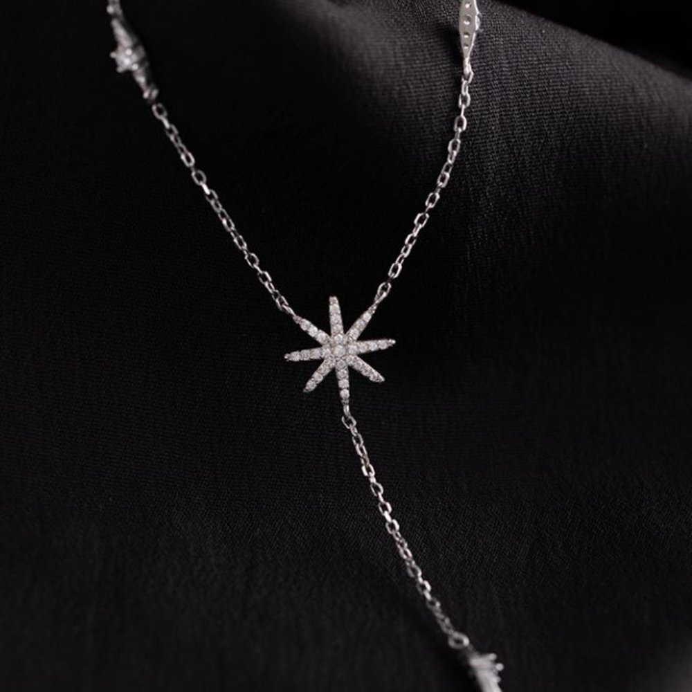 925 Sterling Silver Diamond Star Dangle Drop Lariat Dainty Minimalist Necklace - Picture 8 of 8